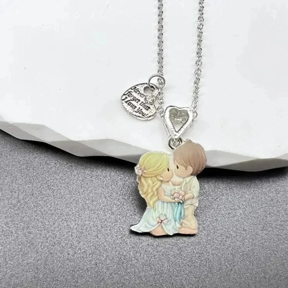 Kids Cartoon Wedding Sweethearts I Love You Silvertoned Necklace